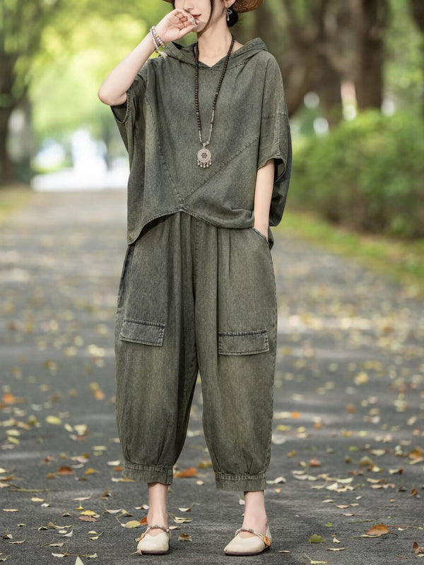 Women Retro Summer Solid Denim Spliced Hooded Shirt+Pants AA1055 Ada Fashion