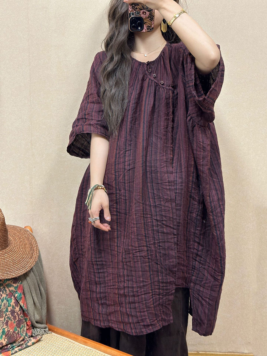 Women Retro Summer Stripe Linen Loose Dress QW1001 Ada Fashion