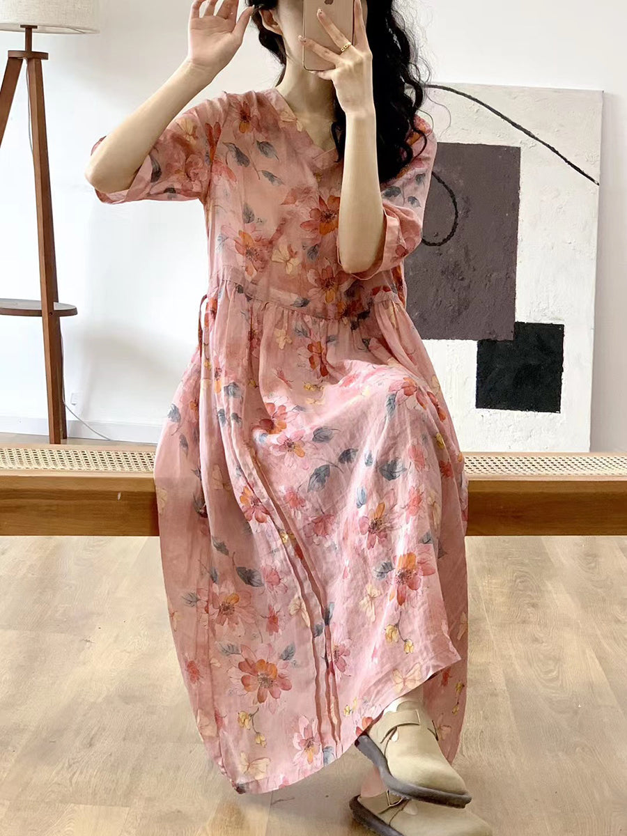 Women Summer Artsy Floral V-Neck Linen Dress QW1023 Ada Fashion