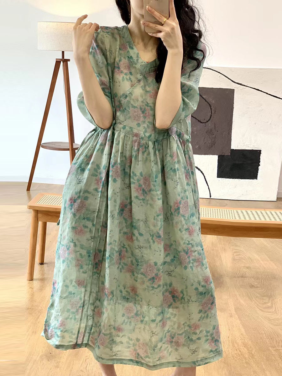 Women Summer Artsy Floral V-Neck Linen Dress QW1023 Ada Fashion