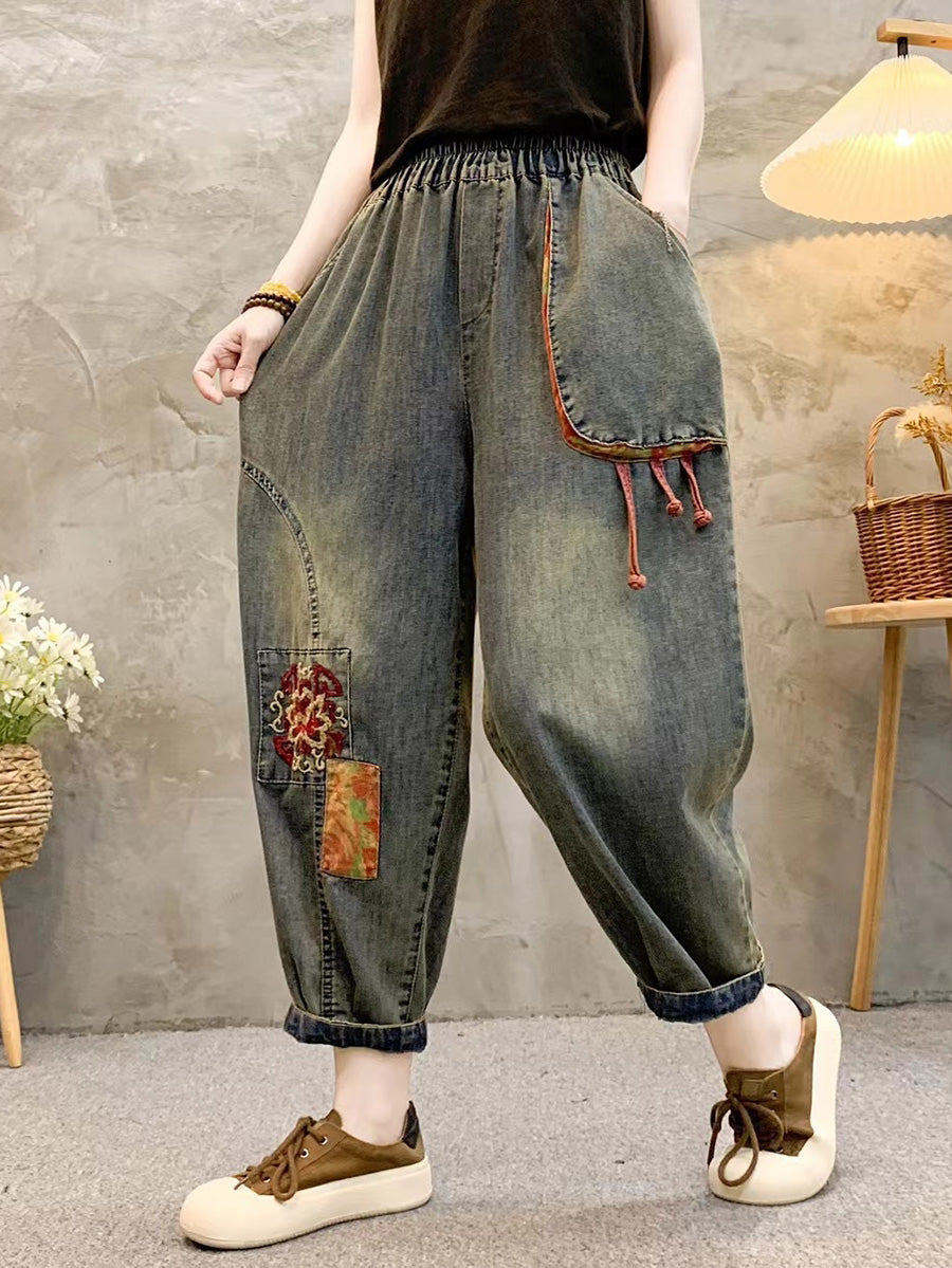 Women Retro Patch Embroidery Denim Harem Pants QW1026 Ada Fashion