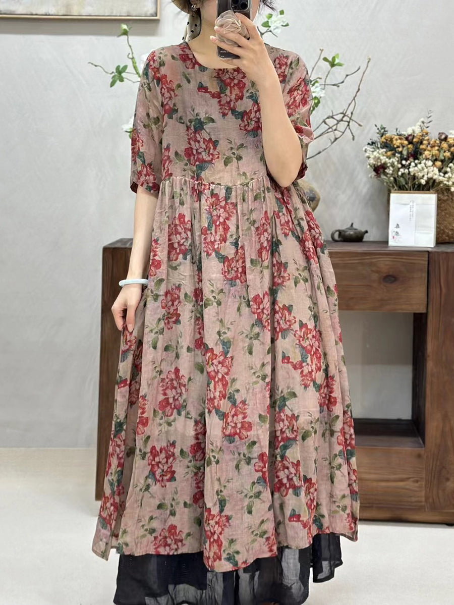 Women Summer Artsy Flower Spliced O-Neck Ramie Dress WE1017 Ada Fashion