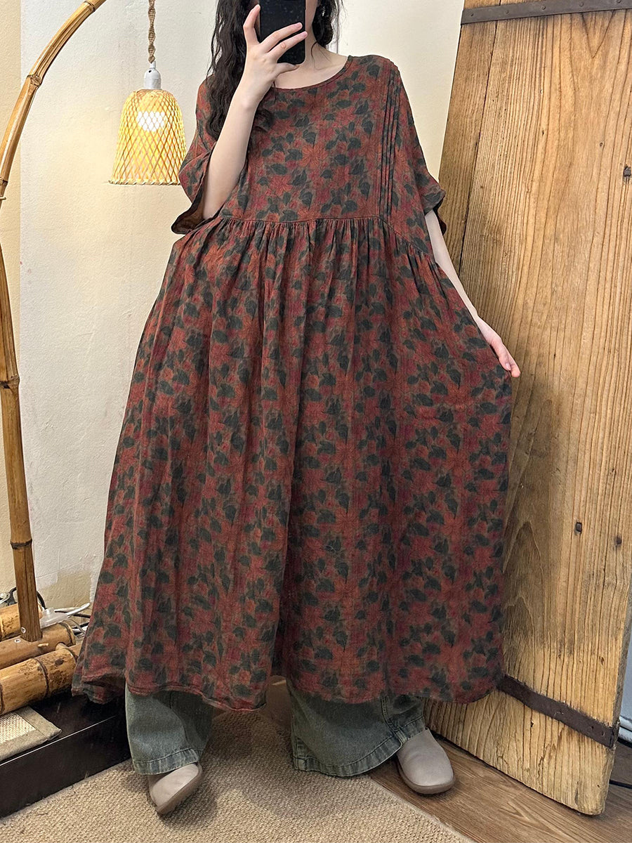Plus Size Women Vnitage Floral Shirred Cotton Loose Dress WE1027 Ada Fashion