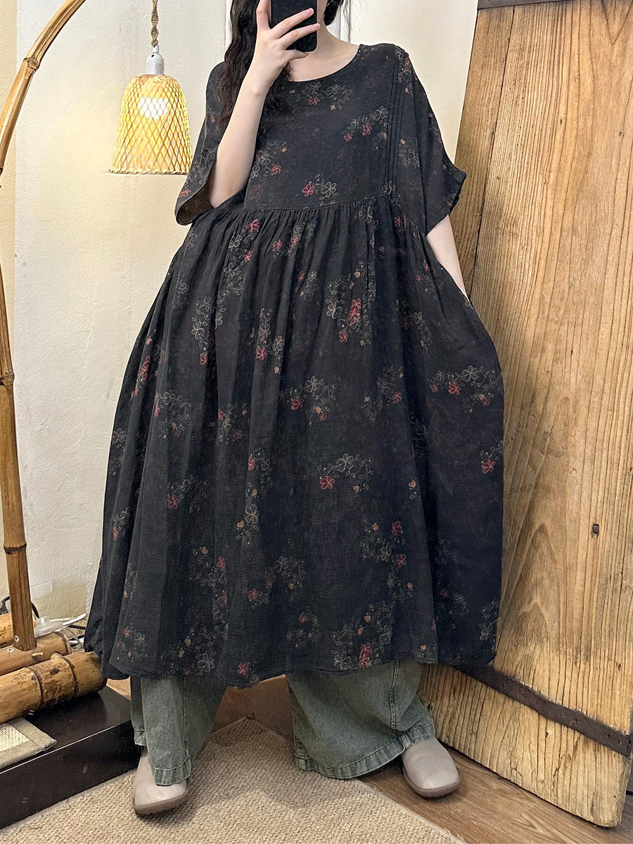 Plus Size Women Vnitage Floral Shirred Cotton Loose Dress WE1027 Ada Fashion
