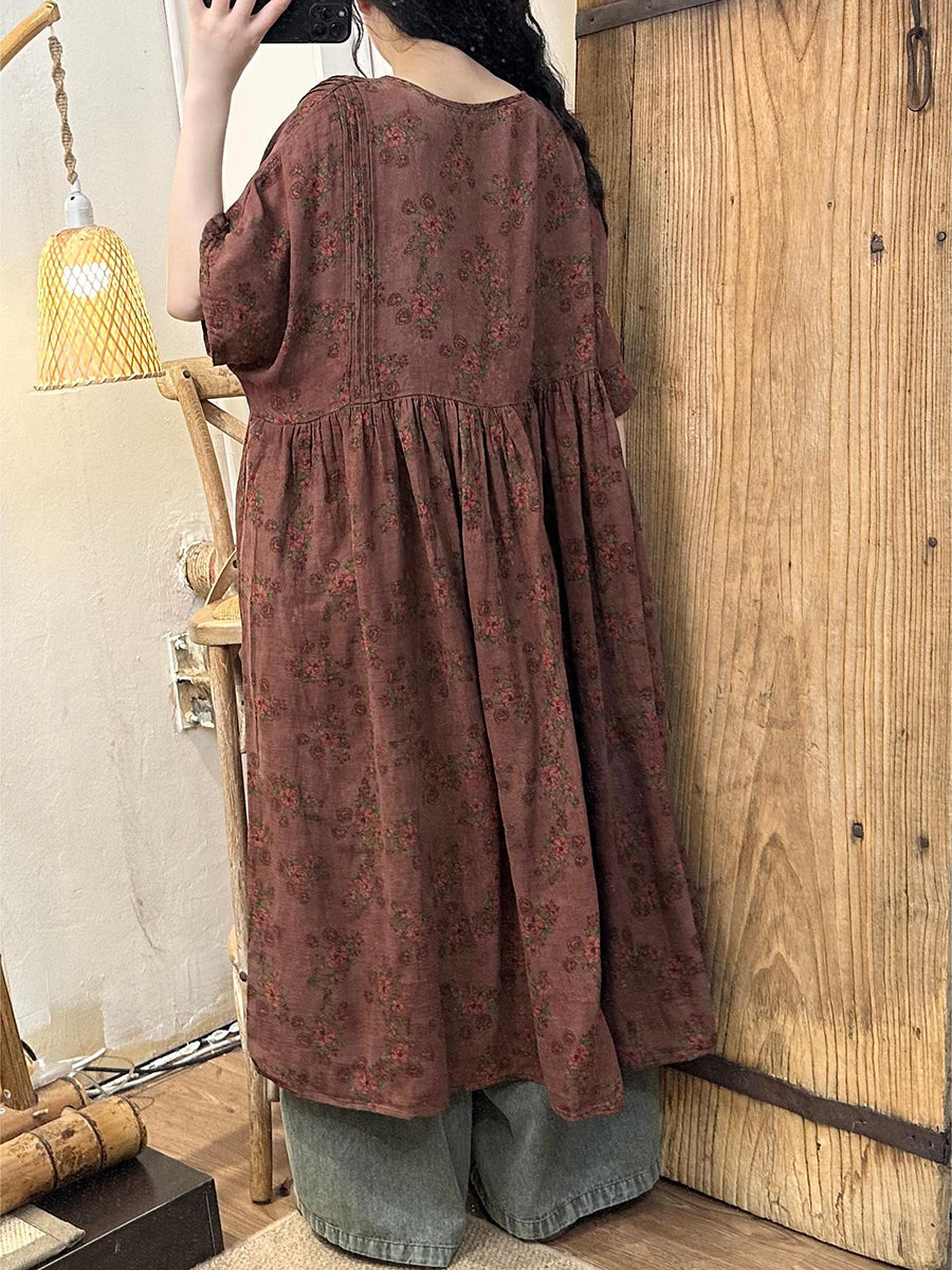 Plus Size Women Vnitage Floral Shirred Cotton Loose Dress WE1027 Ada Fashion