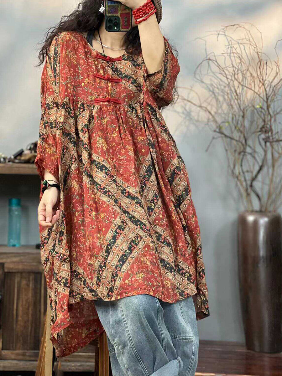 Plus Size Women Ethnic Print Summer 100%Ramie Dress TY1044 Ada Fashion