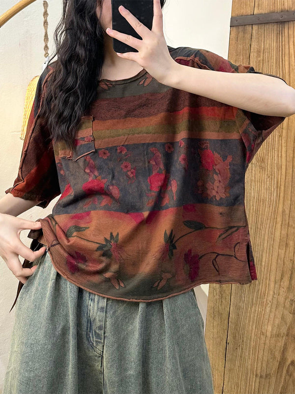 Women Summer Retro Flower Spliced Cotton Shirt TY1001 Ada Fashion