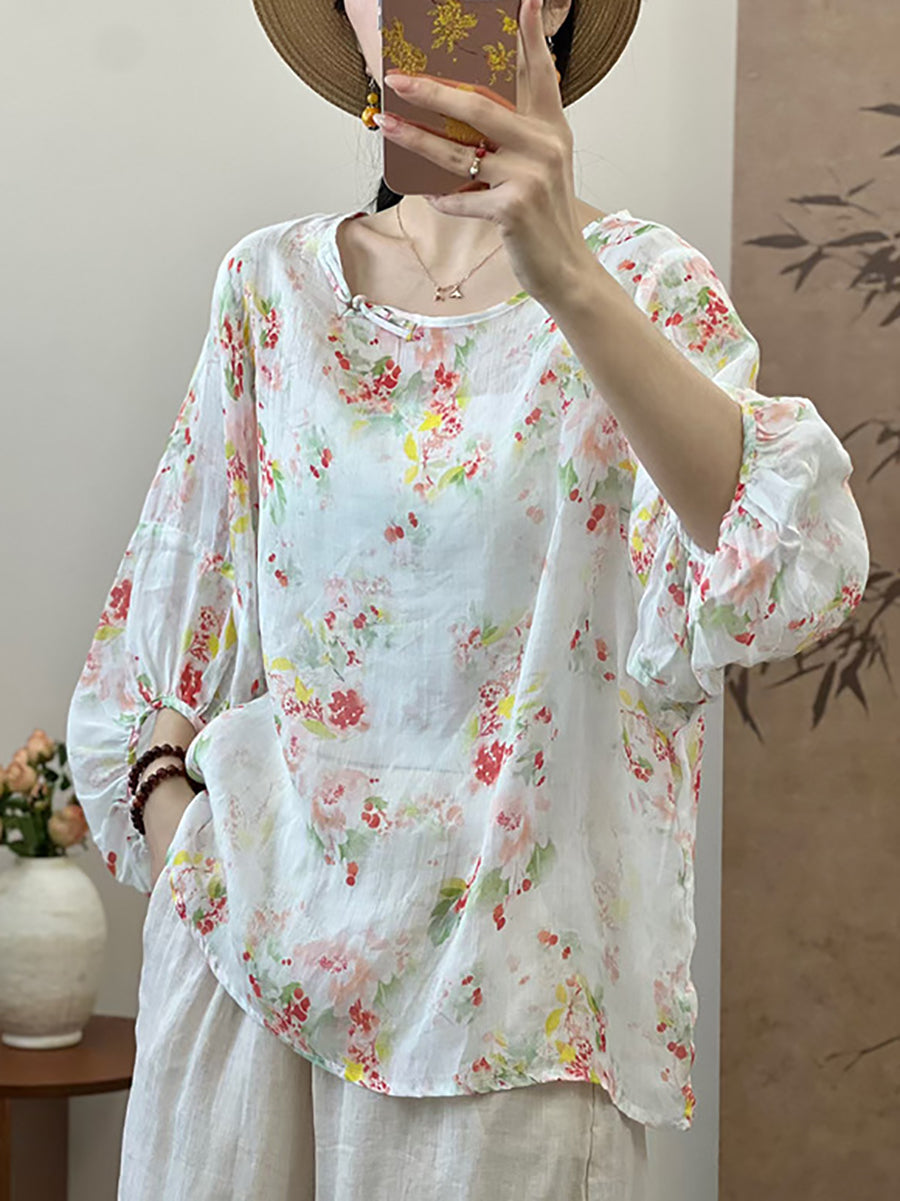 Women Summer Artsy Floral Loose Ramie Shirt UI1007 Ada Fashion