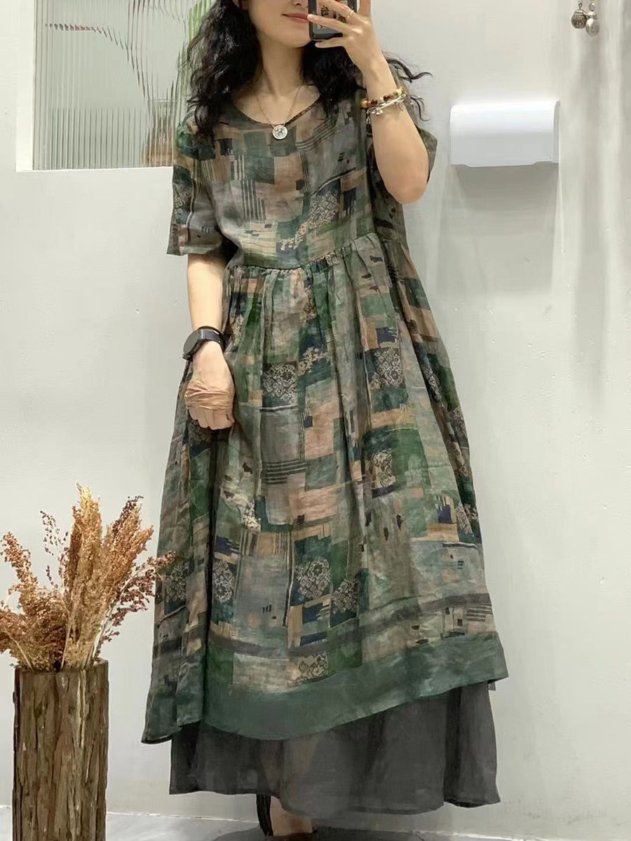 Women Summer Floral Artsy Spliced Maxi Ramie Dress UI1003 Ada Fashion