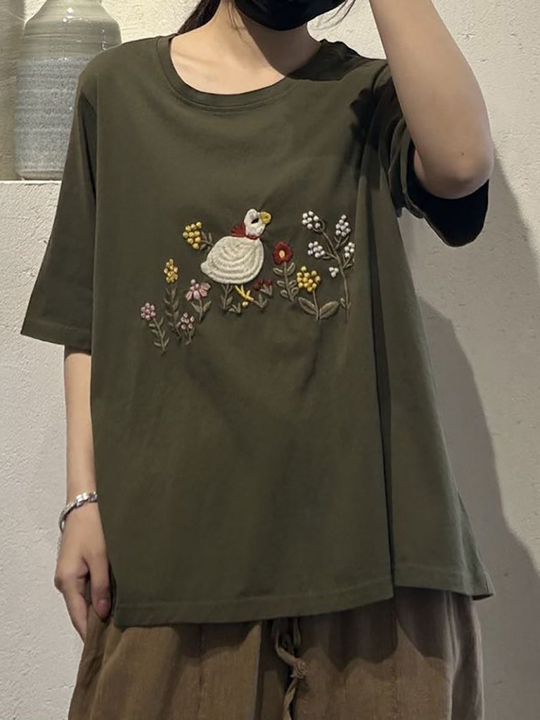 Women Casual Cute Embroidery O-Neck Cotton Shirt UI1008 Ada Fashion