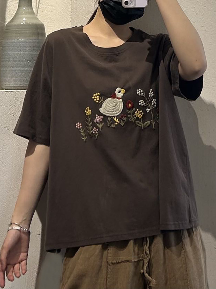 Women Casual Cute Embroidery O-Neck Cotton Shirt UI1008 Ada Fashion