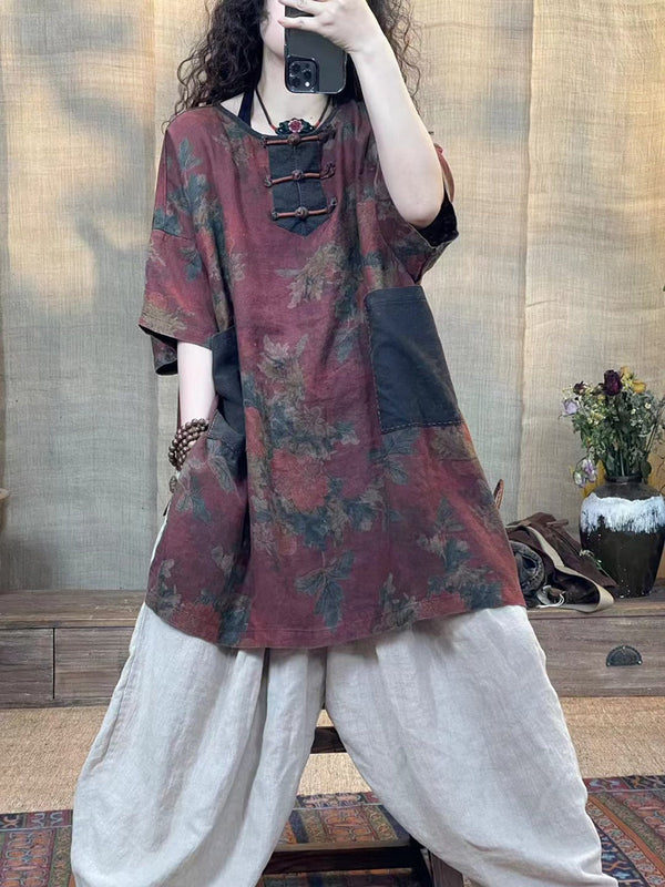 Women Summer Vintage Flower Spliced Buckle Linen Shirt IO1013 Ada Fashion