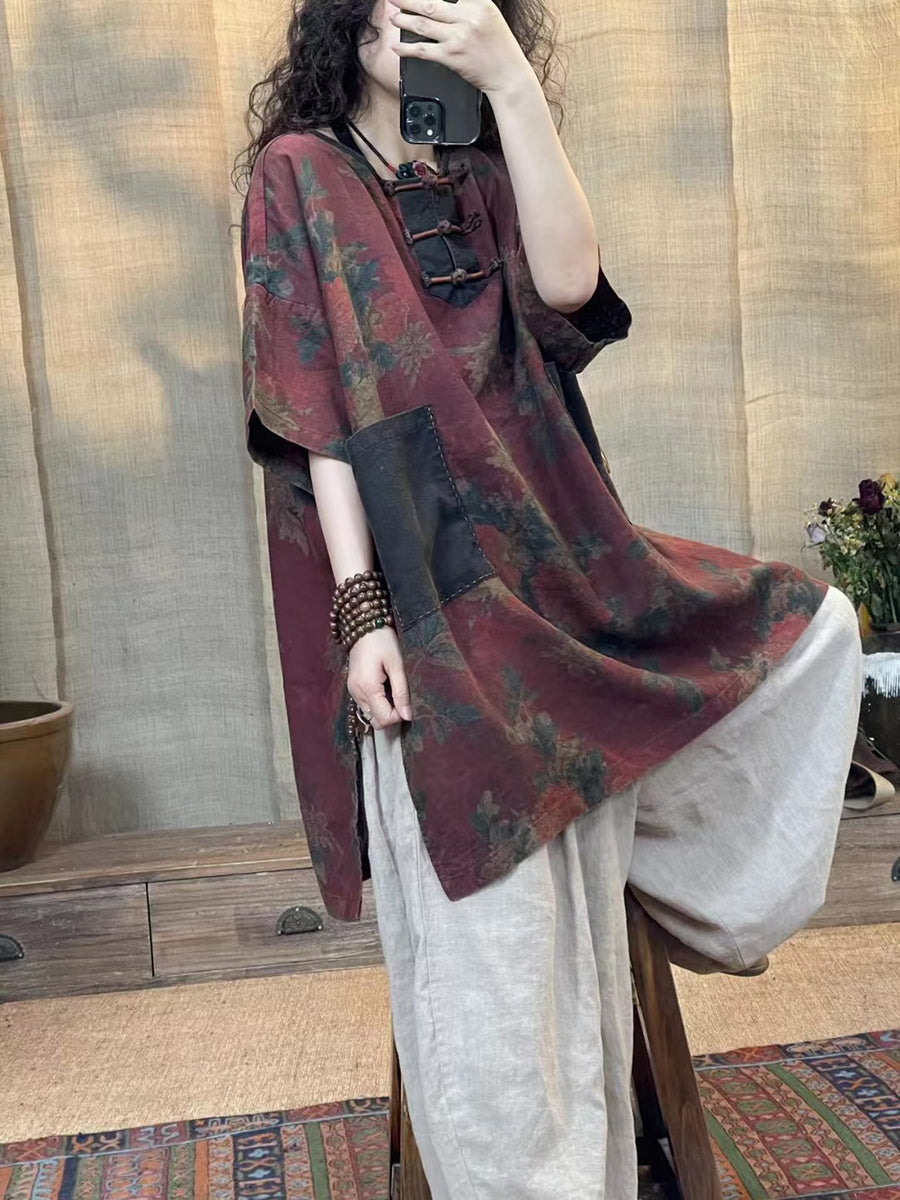 Women Summer Vintage Flower Spliced Buckle Linen Shirt IO1013 Ada Fashion