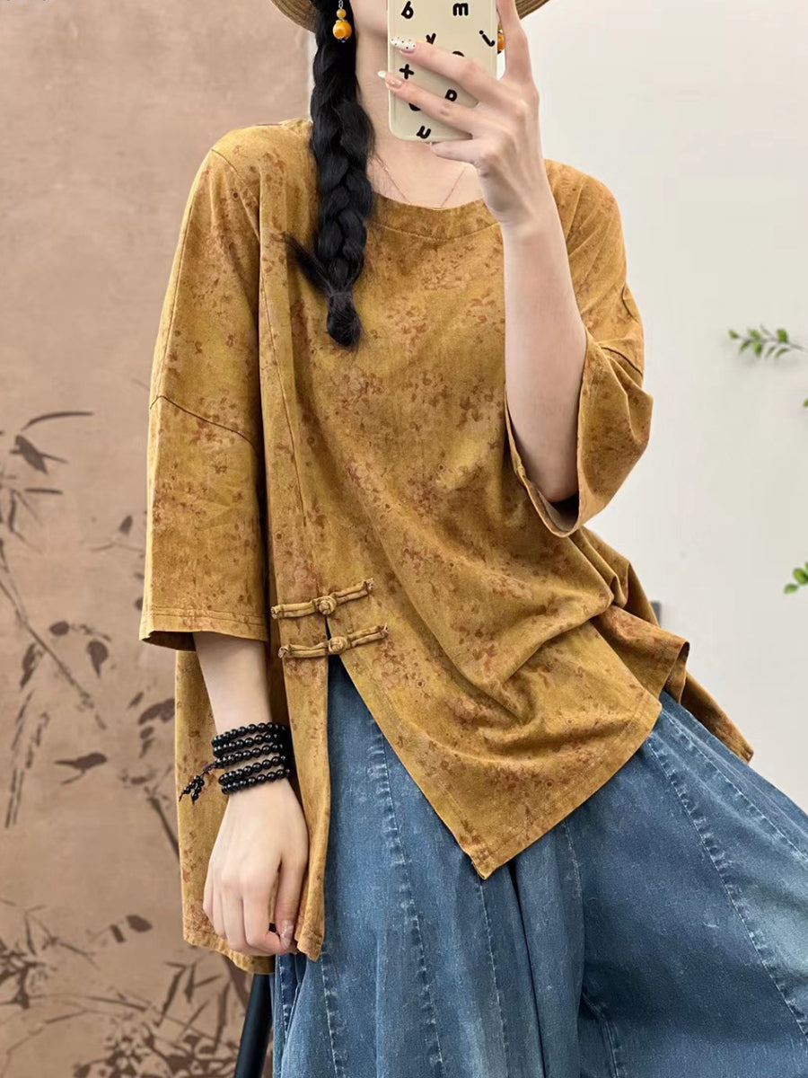 Women Summer Artsy Floral Split Hem Buckle Cotton Shirt IO1007 Ada Fashion