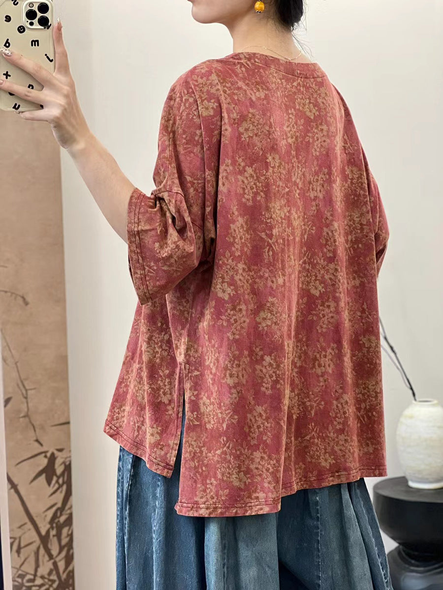 Women Summer Artsy Floral Split Hem Buckle Cotton Shirt IO1007 Ada Fashion