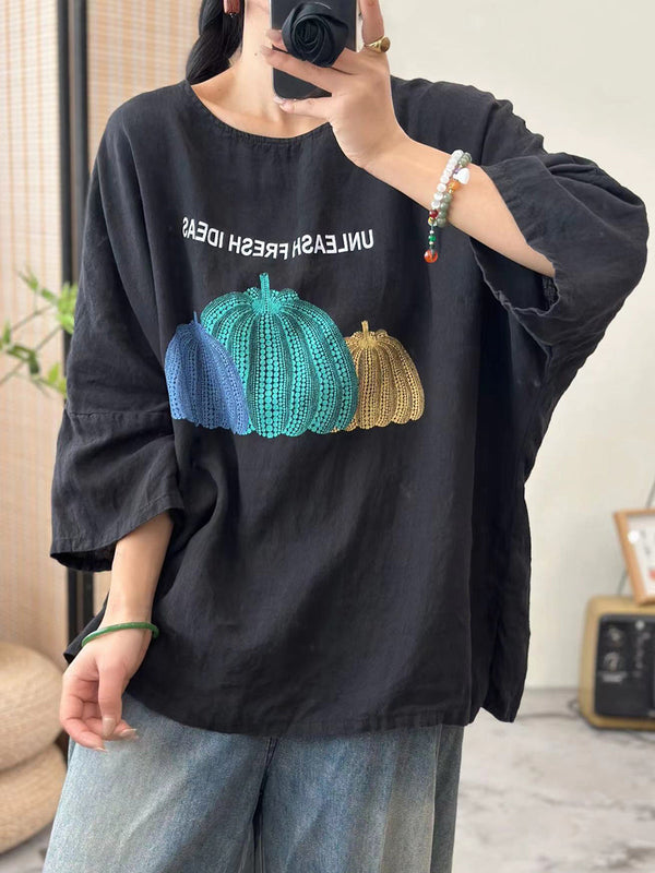 Women Summer Casual Pumpkin Print O-Neck Cotton Shirt IO1006 Ada Fashion