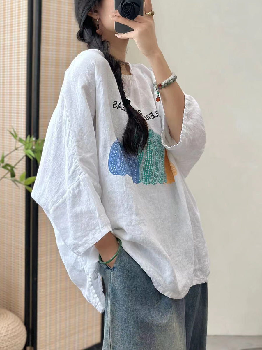 Women Summer Casual Pumpkin Print O-Neck Cotton Shirt IO1006 Ada Fashion
