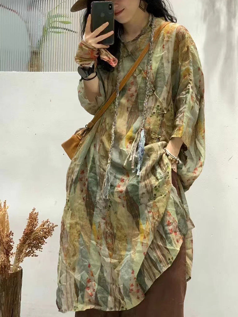 Women Summer Artsy Flower Spliced Ramie Robe Dress IO1024 Ada Fashion