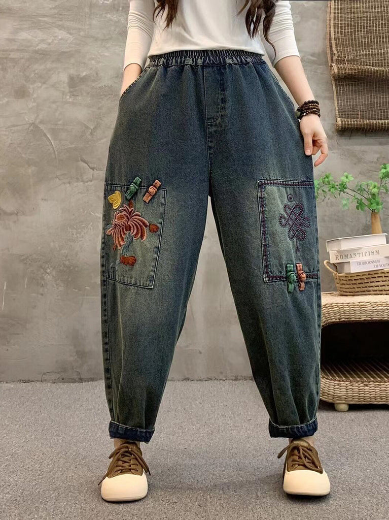 Women Summer Retro Flower Embroidery Denim Harem Pants IO1021 Ada Fashion