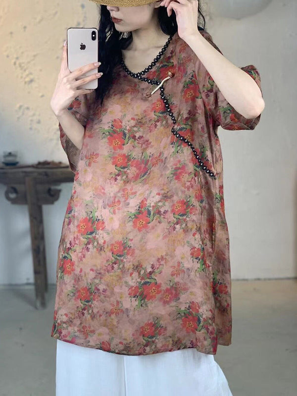 Women Summer Vintage Flower V-Neck Long Ramie Shirt IO1017 Ada Fashion