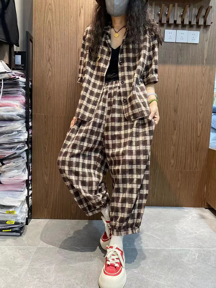 Plus Size Women Vintage Plaid 100%Cotton Summer Suits IO1032 Ada Fashion