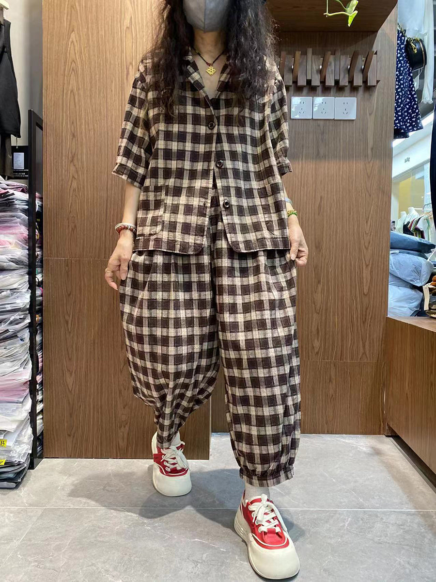 Plus Size Women Vintage Plaid 100%Cotton Summer Suits IO1032 Ada Fashion