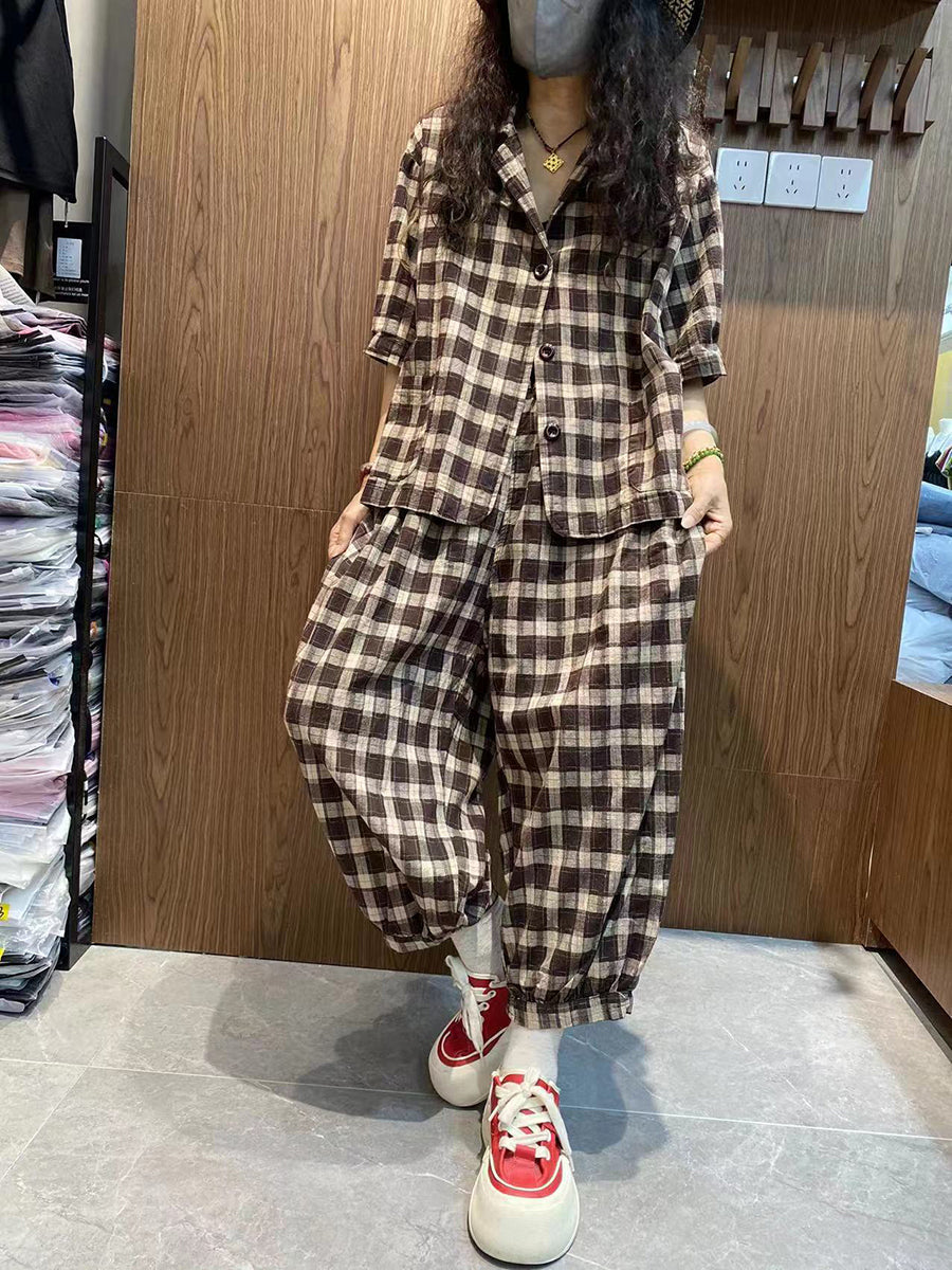 Plus Size Women Vintage Plaid 100%Cotton Summer Suits IO1032 Ada Fashion