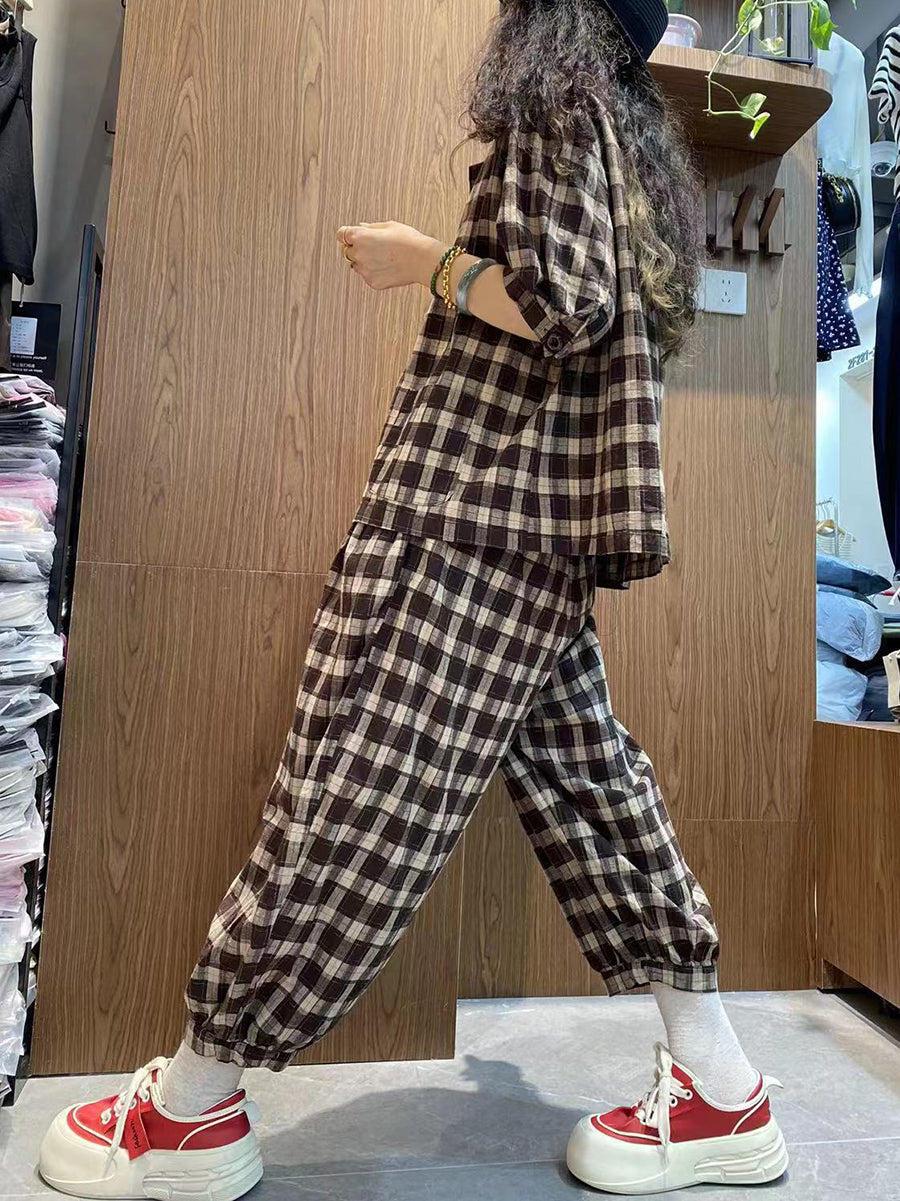 Plus Size Women Vintage Plaid 100%Cotton Summer Suits IO1032 Ada Fashion