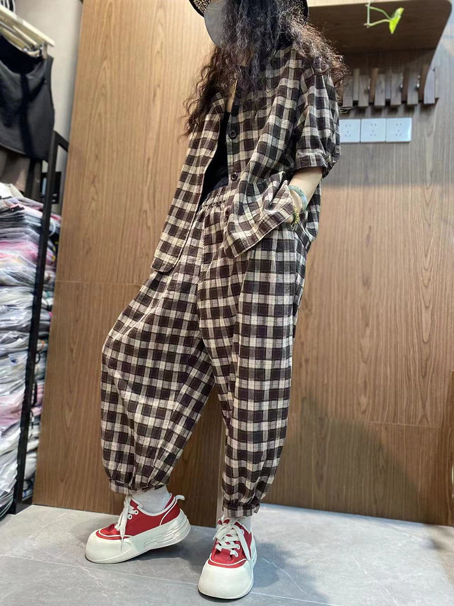 Plus Size Women Vintage Plaid 100%Cotton Summer Suits IO1032 Ada Fashion