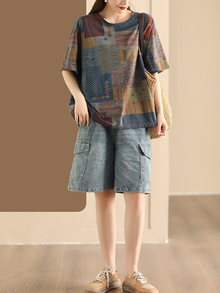 Women Summer Vintage Spliced O-Neck Cotton Shirt AS1027 Ada Fashion