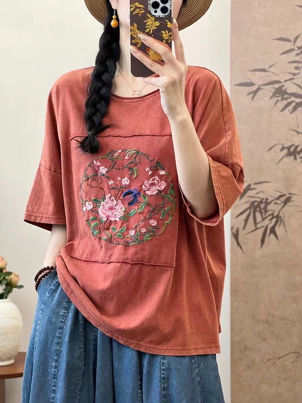 Women Summer Artsy Flower Embroidery Cotton Spliced Shirt AS1005 Ada Fashion