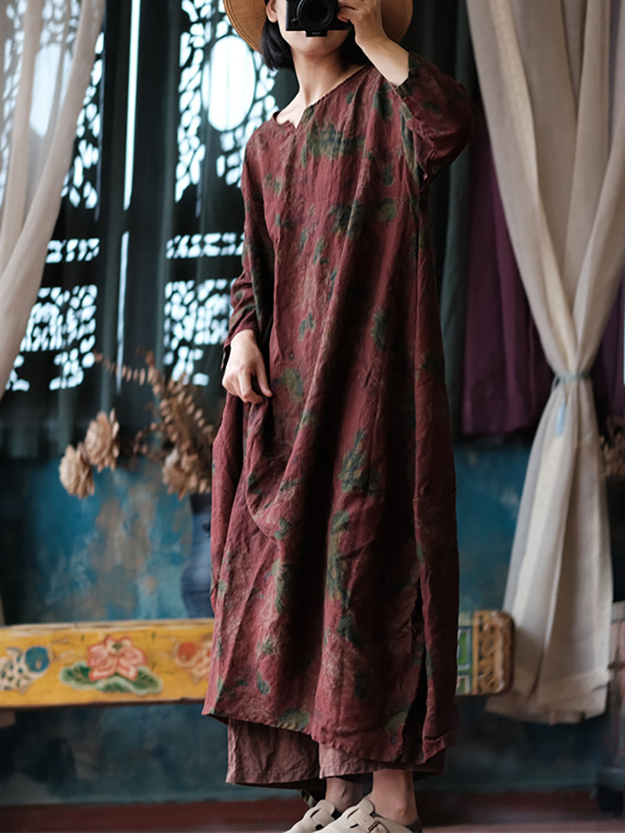 Women Ethnic Flower Worn Loose Long Sleeve Linen Dress AS1058 Ada Fashion