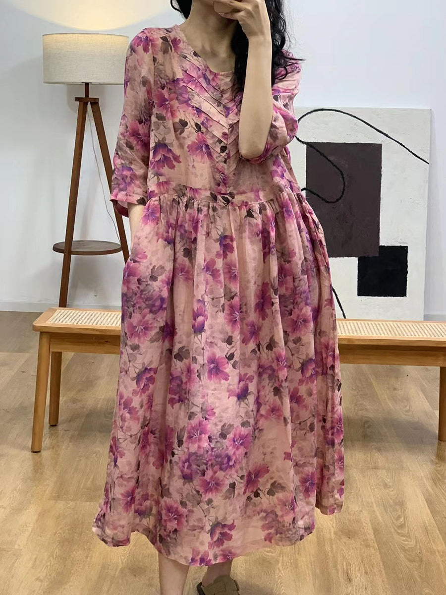 Women Summer Artsy Floral V-neck Shirred Ramie Dress FG1010 Ada Fashion
