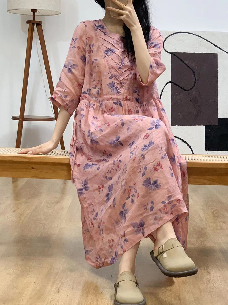 Women Summer Artsy Floral V-neck Shirred Ramie Dress FG1010 Ada Fashion