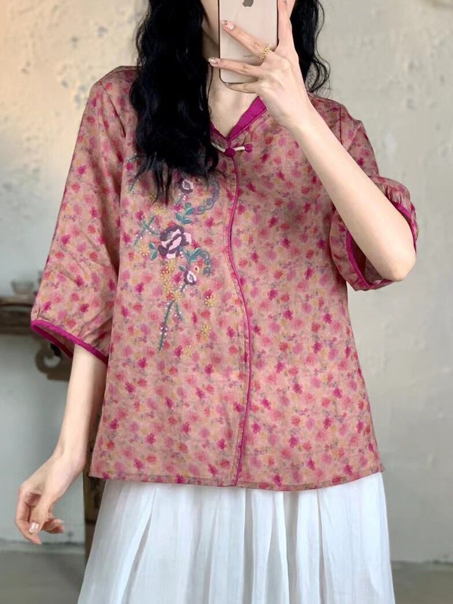 Women Summer Vintage Floral Embroidery Ramie Shirt FG1007 Ada Fashion