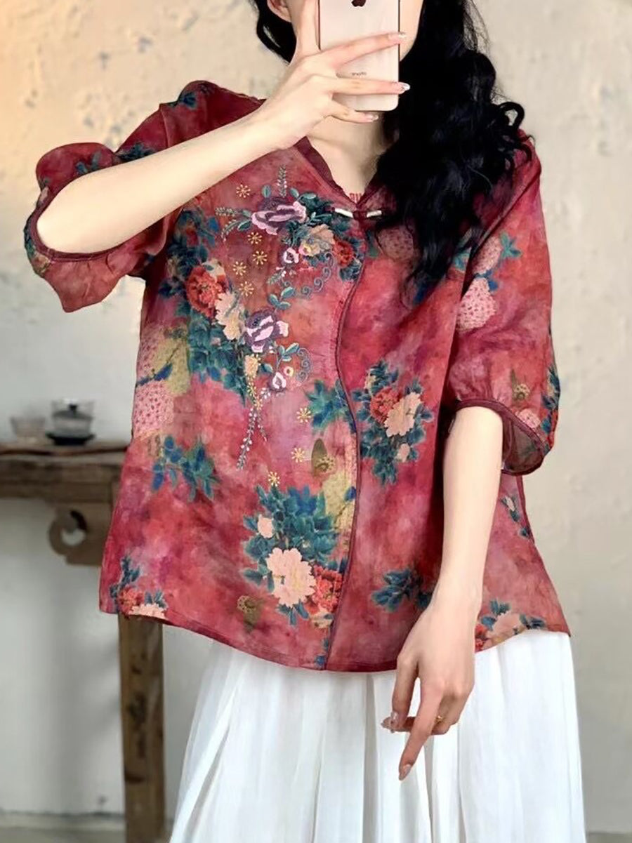 Women Summer Vintage Floral Embroidery Ramie Shirt FG1007 Ada Fashion
