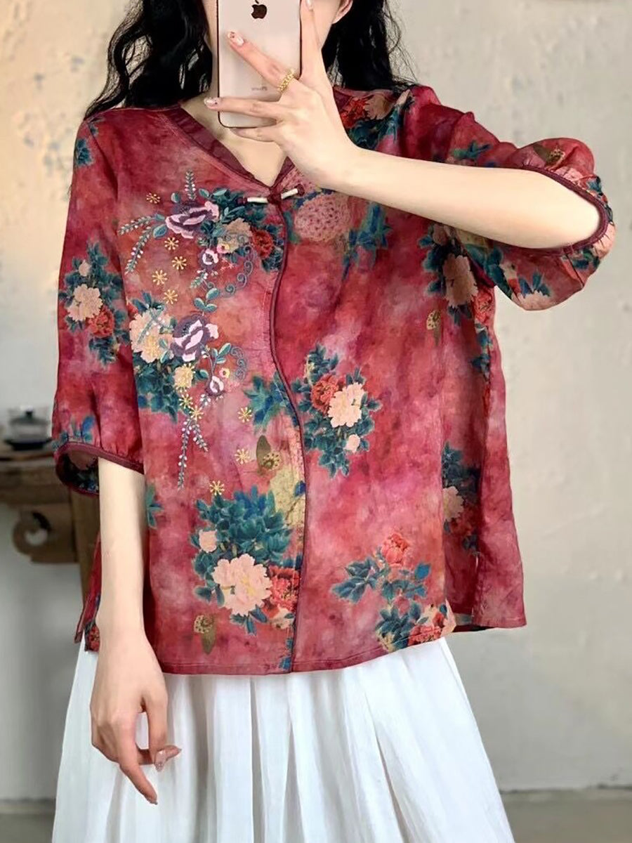 Women Summer Vintage Floral Embroidery Ramie Shirt FG1007 Ada Fashion