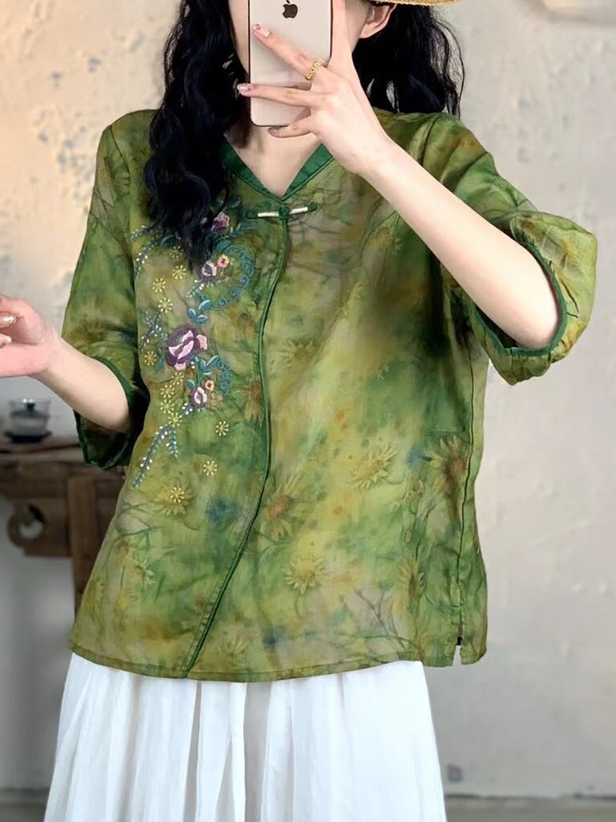 Women Summer Vintage Floral Embroidery Ramie Shirt FG1007 Ada Fashion