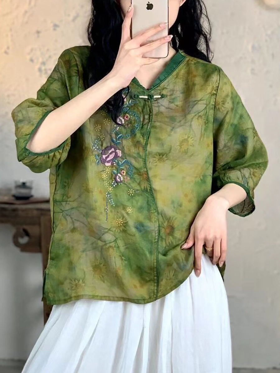 Women Summer Vintage Floral Embroidery Ramie Shirt FG1007 Ada Fashion