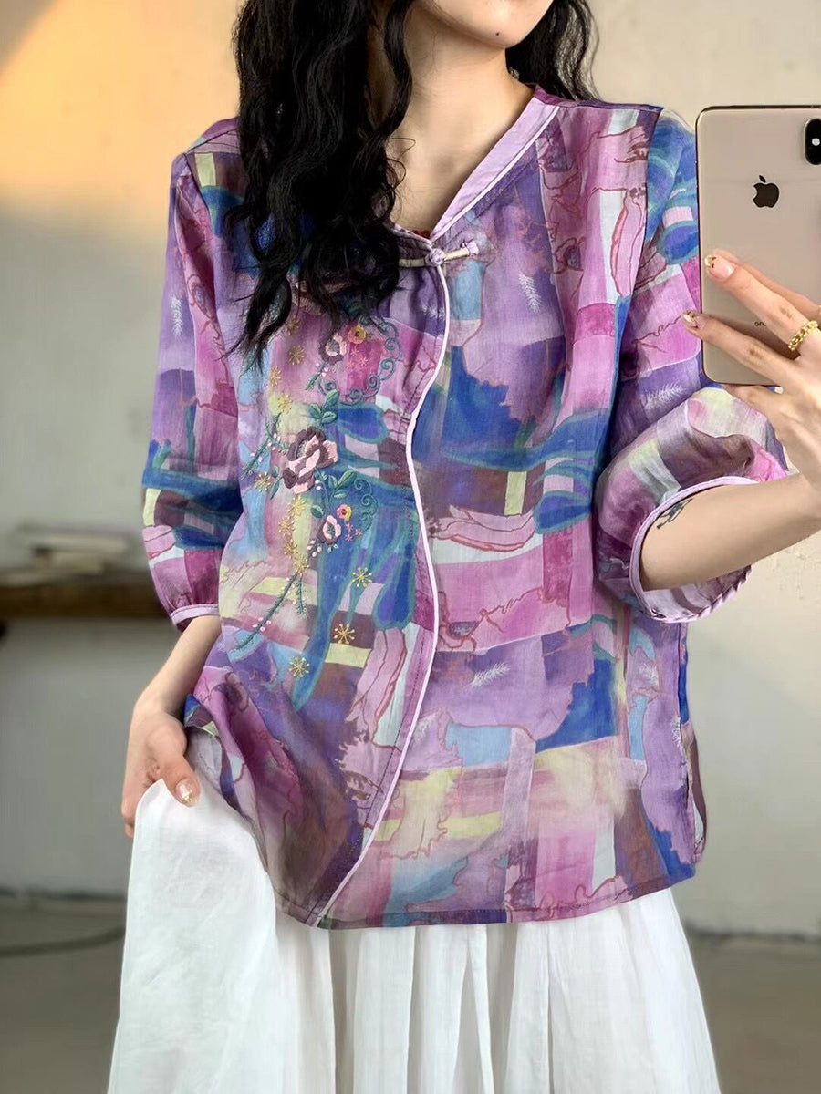 Women Summer Vintage Floral Embroidery Ramie Shirt FG1007 Ada Fashion