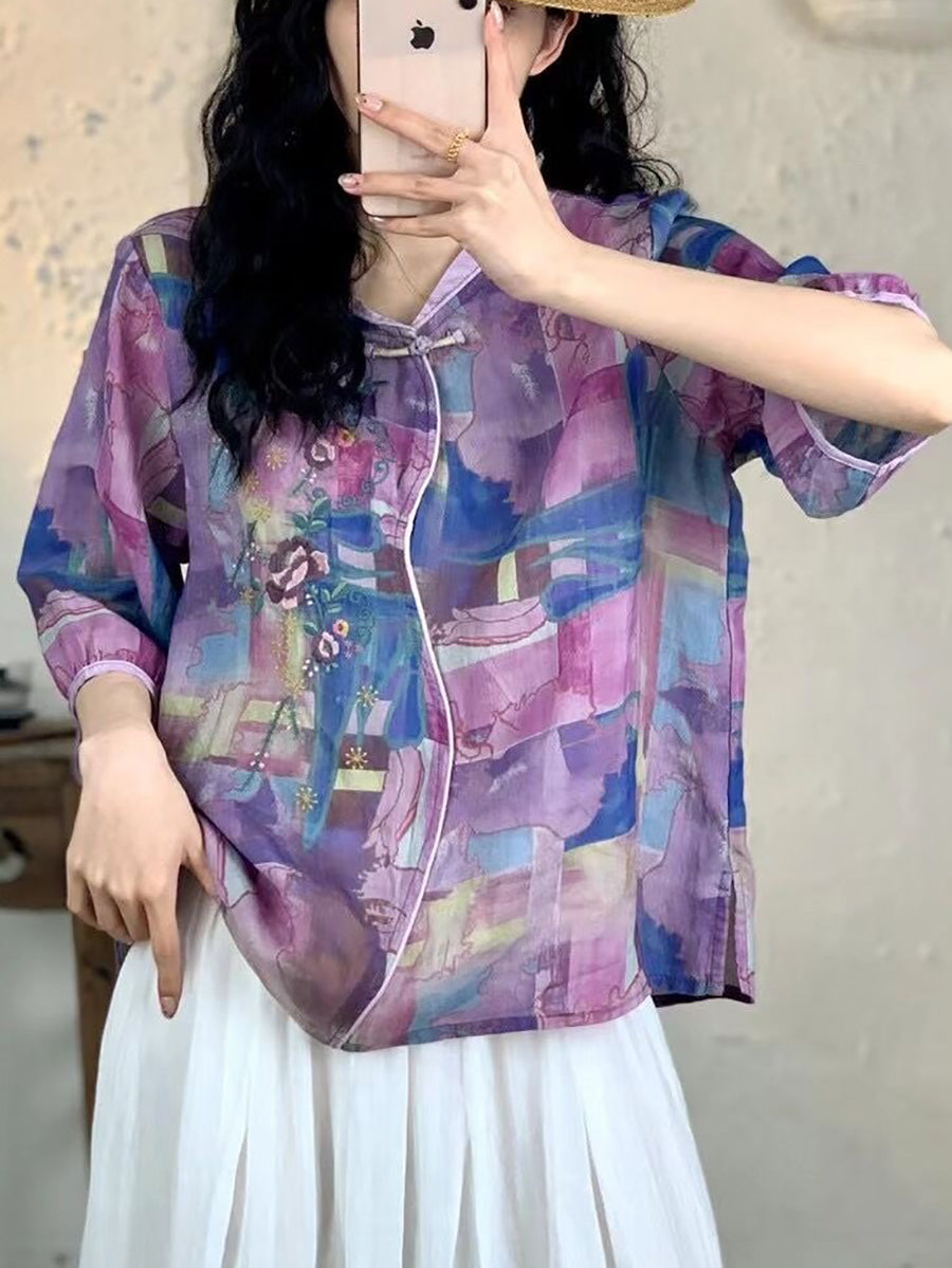 Women Summer Vintage Floral Embroidery Ramie Shirt FG1007 Ada Fashion
