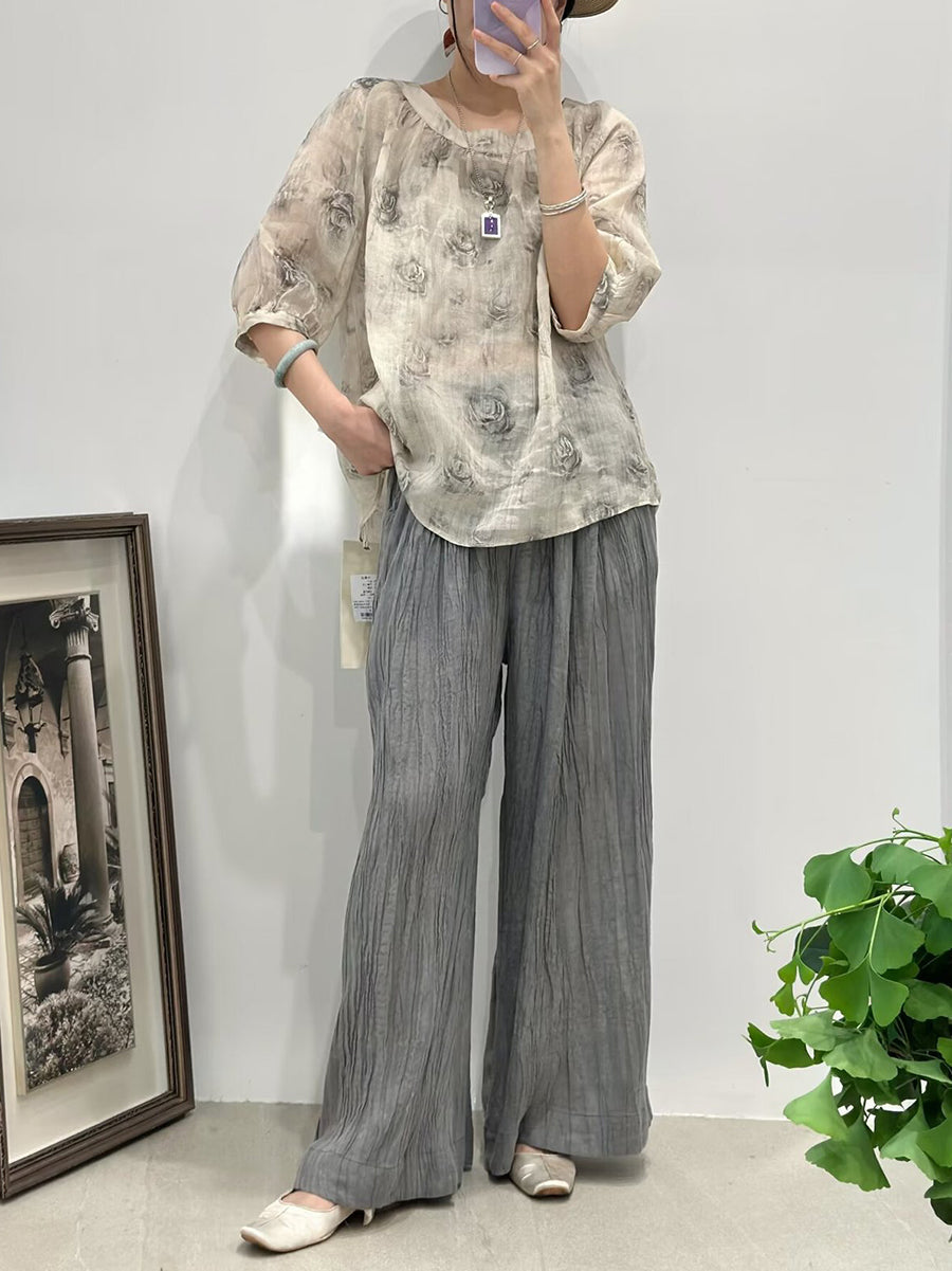 Women Summer Casual Rose Print O-Neck Ramie Shirt FG1006 Ada Fashion