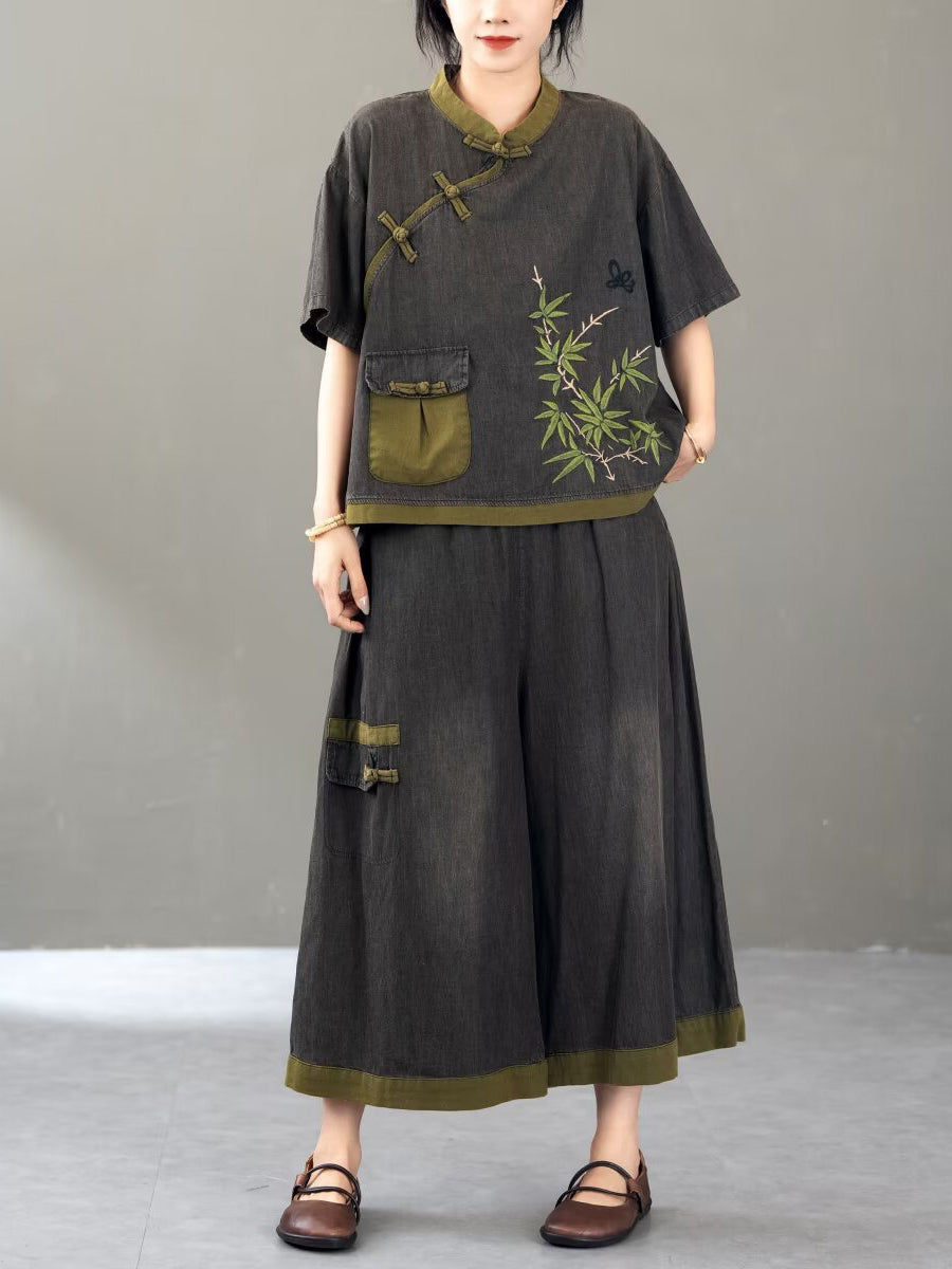 Women Summer Retro Colorblock Embroidery Denim Suits FG1011 Ada Fashion