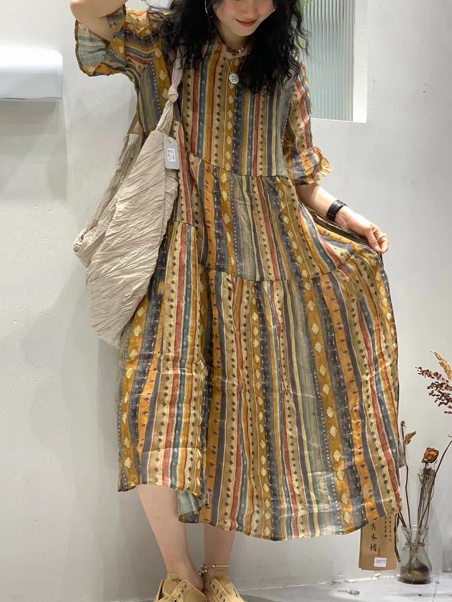 Women Summer Vintage Flower V-Neck Ramie Dress FG1013 Ada Fashion