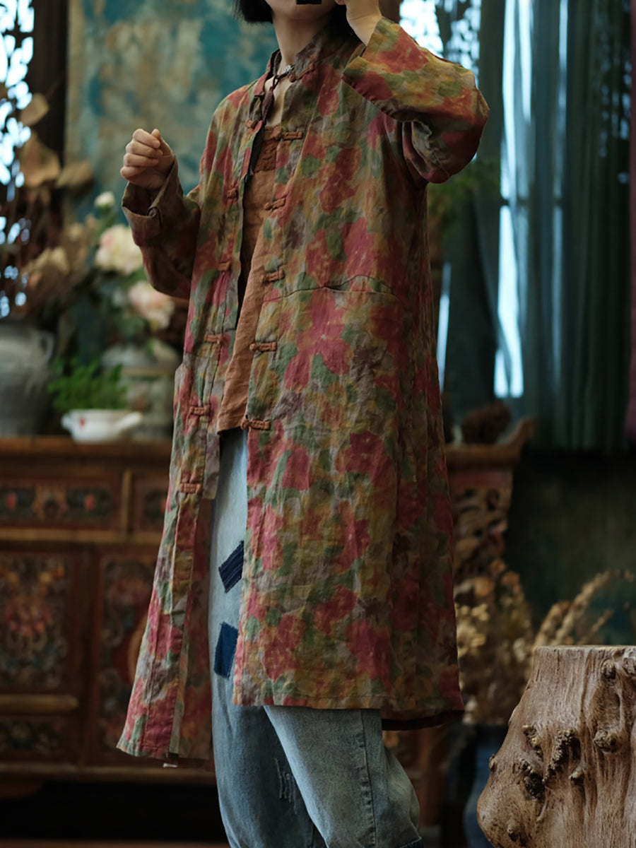 Women Summer Retro Flower Button-up Long Ramie Shirt FG1041 Ada Fashion