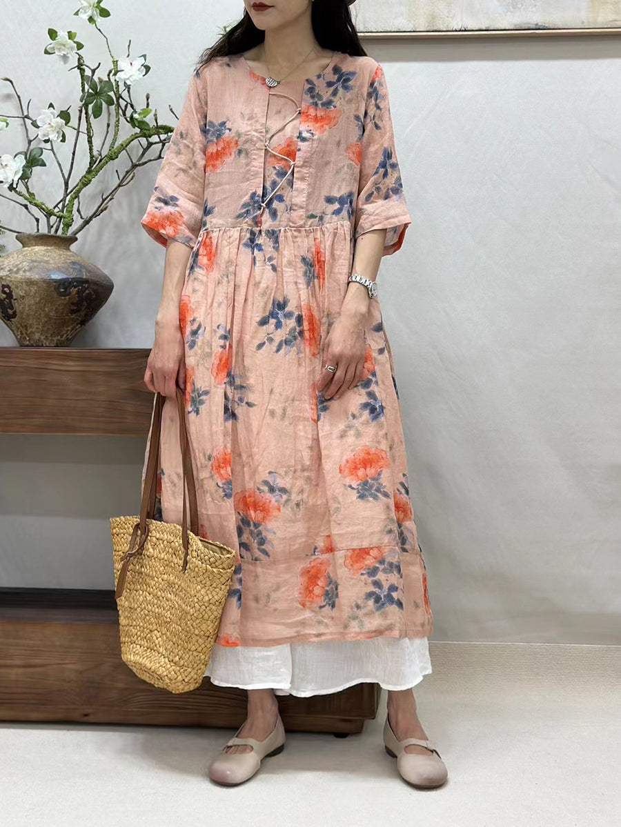 Women Summer Artsy Flower Loose Ramie Half-Sleeve Dress ZZ1033 Ada Fashion