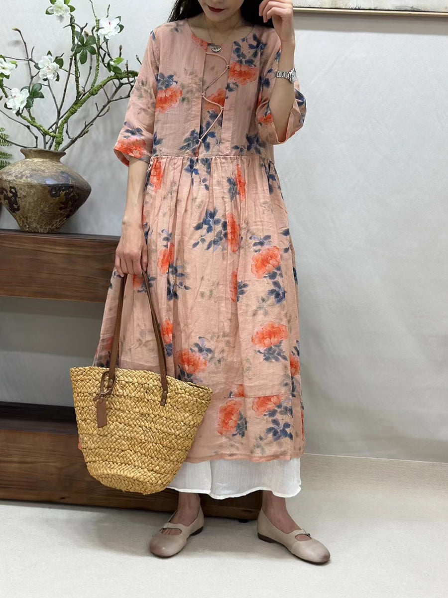 Women Summer Artsy Flower Loose Ramie Half-Sleeve Dress ZZ1033 Ada Fashion