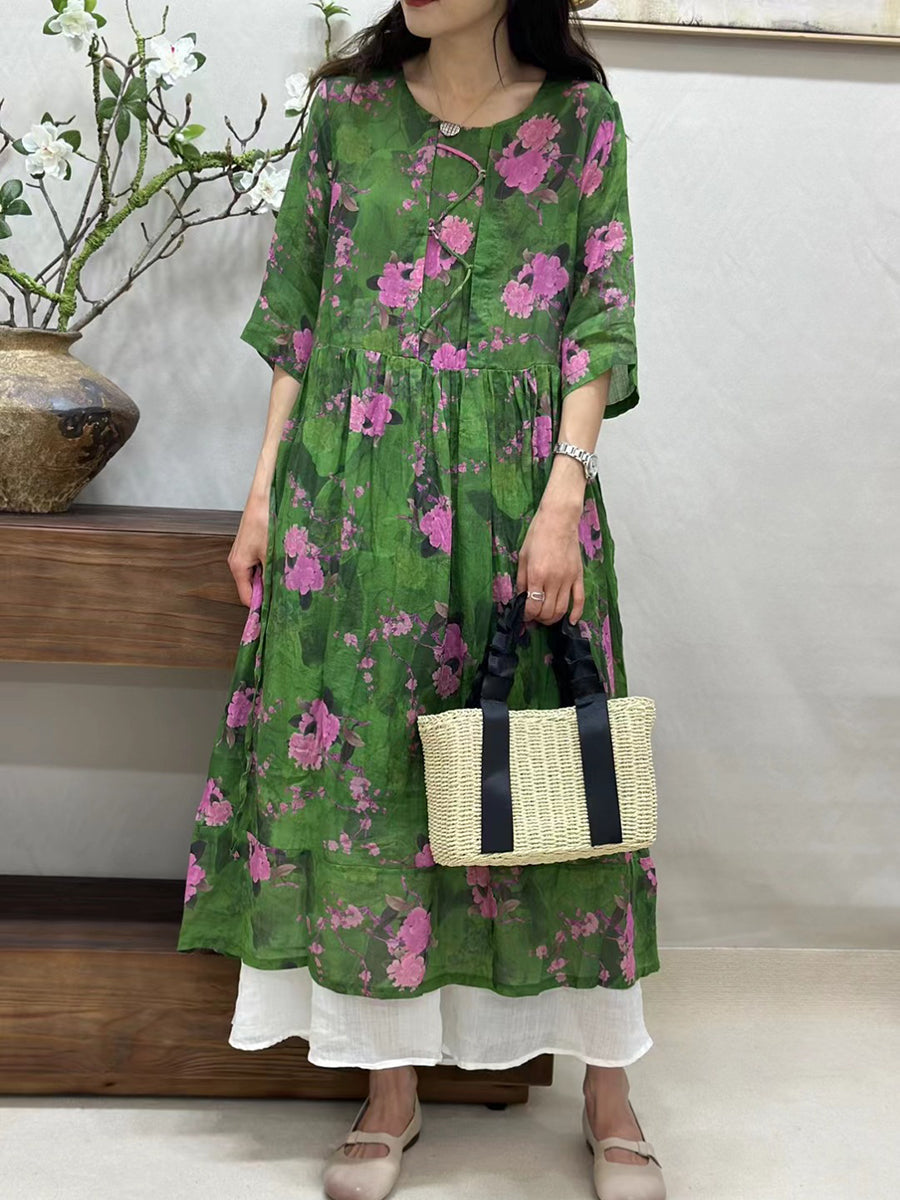 Women Summer Artsy Flower Loose Ramie Half-Sleeve Dress ZZ1033 Ada Fashion
