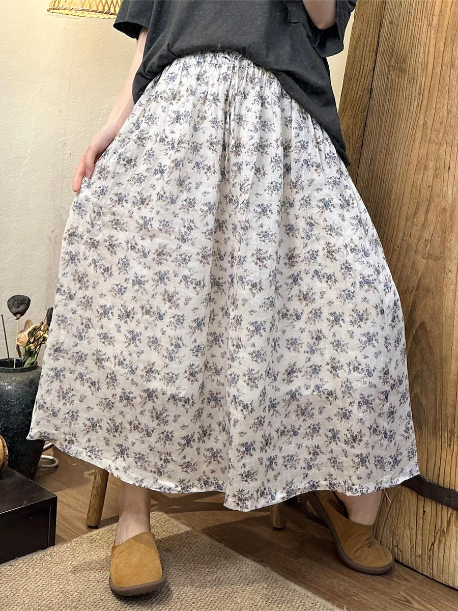 Women Summer Artsy Floral Dual-layer Ramie Skirt ZZ1055 Ada Fashion