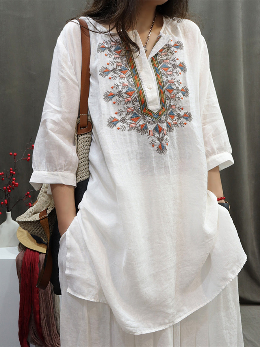 Women Summer Retro Embroidery O-Neck Ramie Shirt BN1037 Ada Fashion